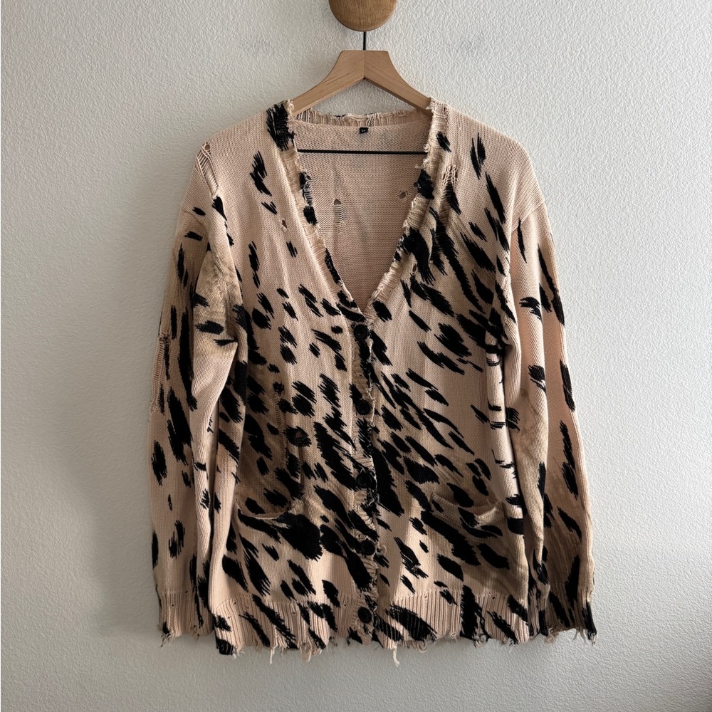 R13 Cheetah Leopard Print Distressed Edge Sweater Cardigan NEW NWT